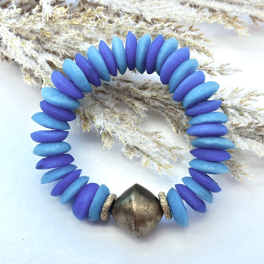 Blue Ashanti Glass Saucer Stretch Bracelet