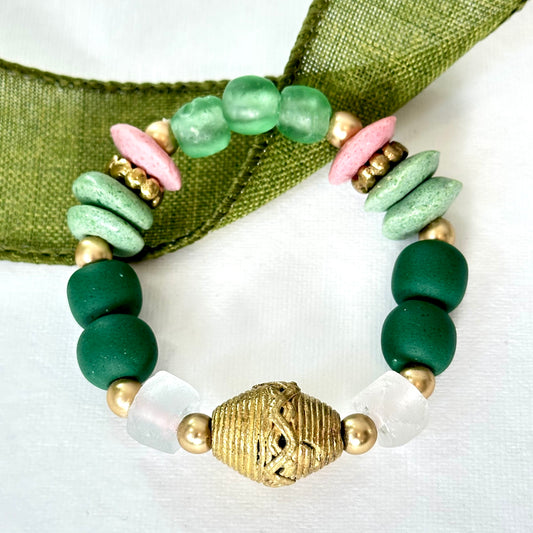 Green Glass Bracelet with Brass Accents