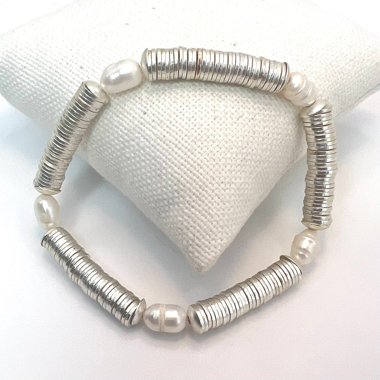 Silver Heishi Beaded Stretch Bracelet with Pearl Accents
