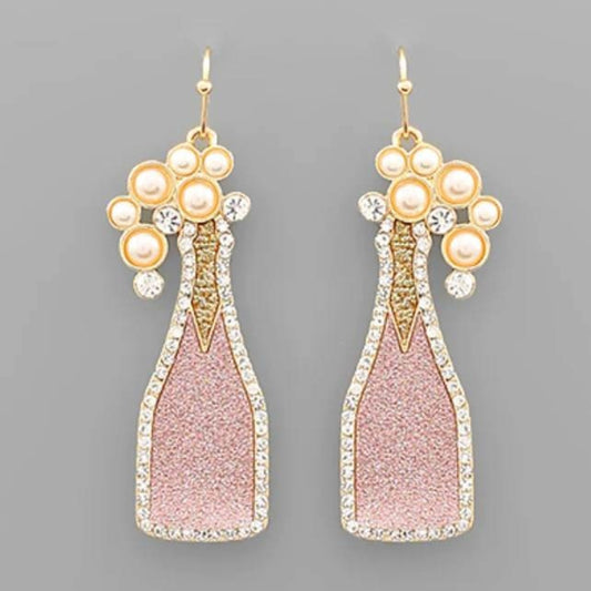 Pink Glitter Champagne Bottle Earrings