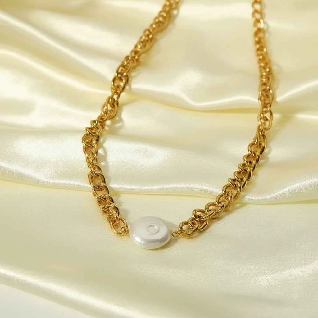 18k Gold Plated Water Resistant Chain & Pearl Necklace