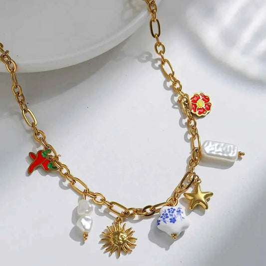 14K Gold Plated Chain & Charm Necklace