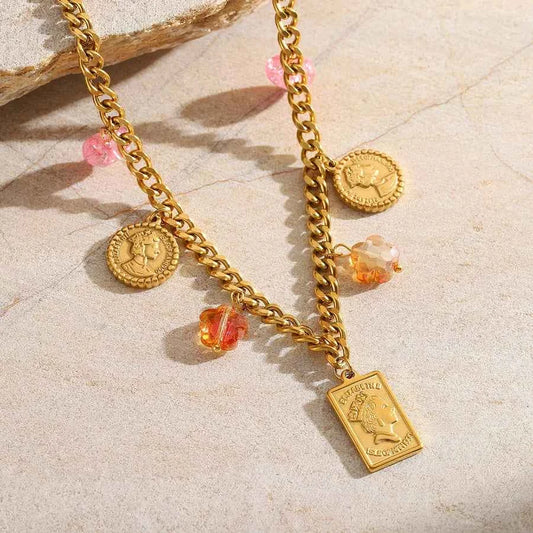 18K Gold Plated Charm & Coin Necklace with Pink Accents