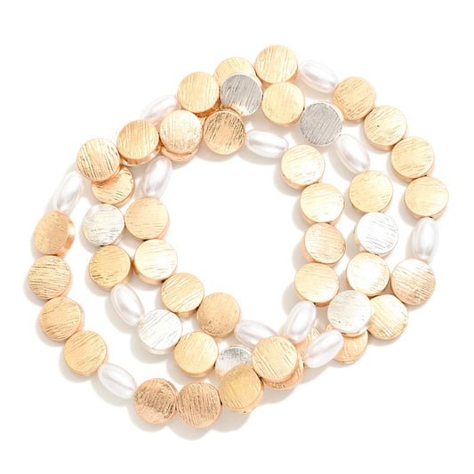 Brushed Metal Disc Bracelet Stacks with Pearls