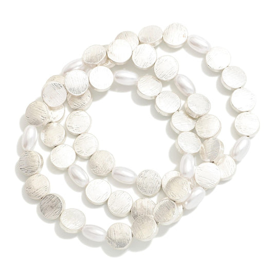 Brushed Metal Disc Bracelet Stacks with Pearls