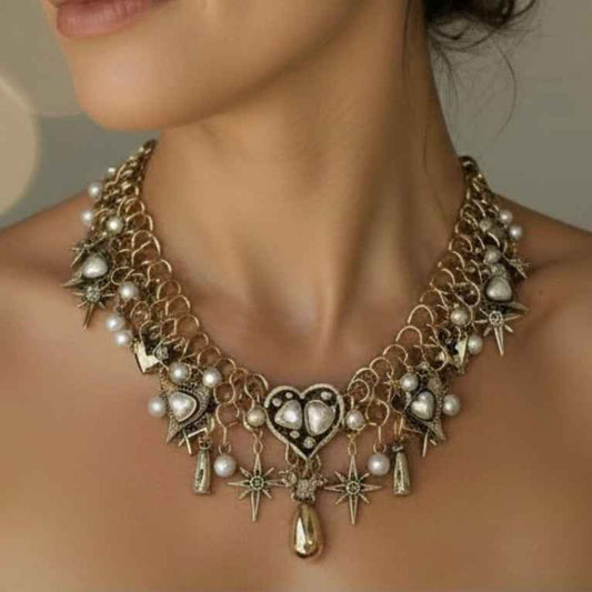 Vintage Gold Heart & Star Charm Necklace