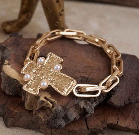 Gold Cross & Pearl Chain Bracelet