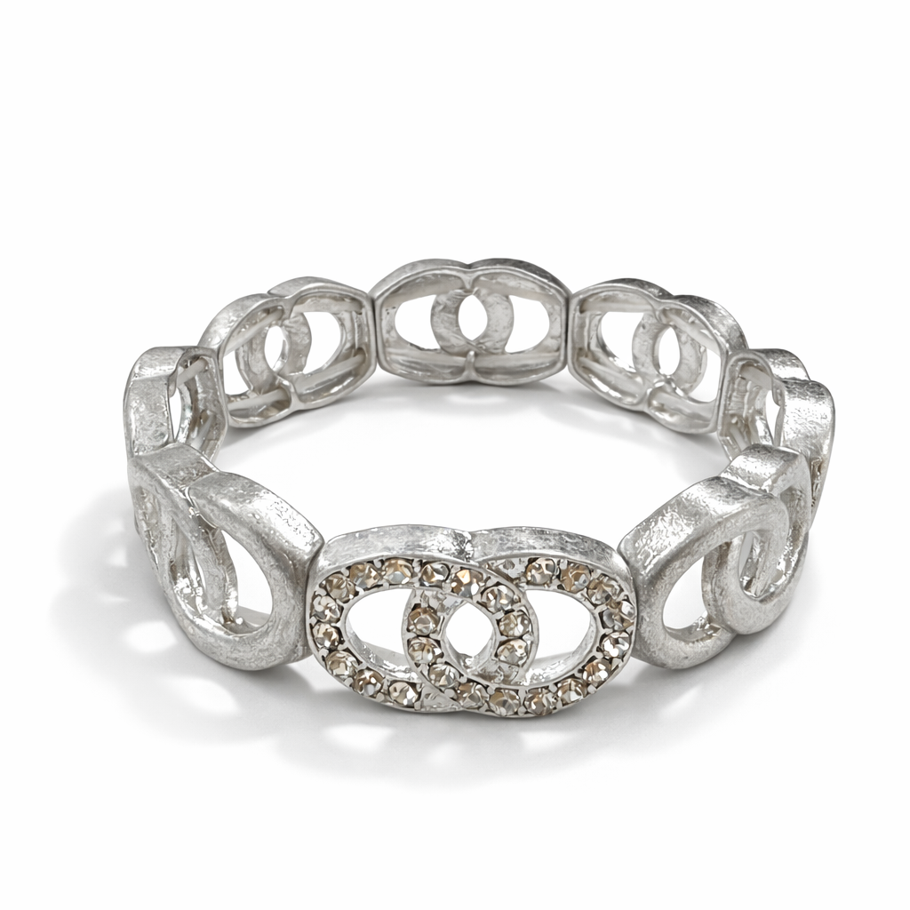Silver Connected Circle Link Bracelet with Rhinestone Accent