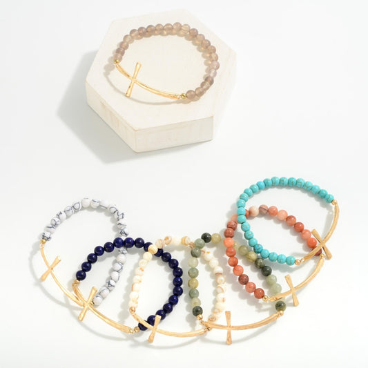 Stone Bead Stretch Bracelet with Hammered Gold Cross