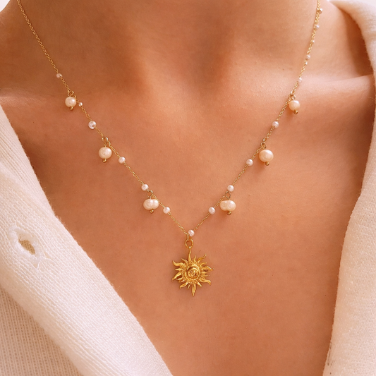 Sunburst Pendant on Gold and Pearl Chain