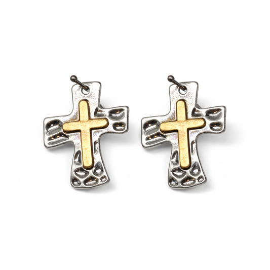 Two-Tone Cross Earrings with Cutout Design (Gold or Silver)
