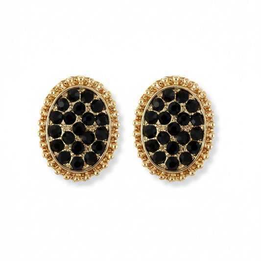 Oval Gold & Black Rhinestone Stud Earrings
