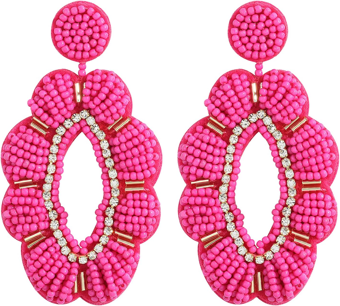 Beaded Flower Earrings with Rhinestone Accents - Fuchsia