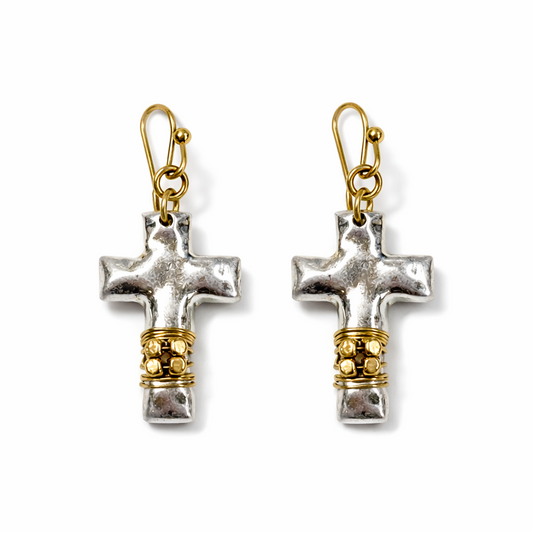 Hammered Silver Cross Earrings with Gold Accents