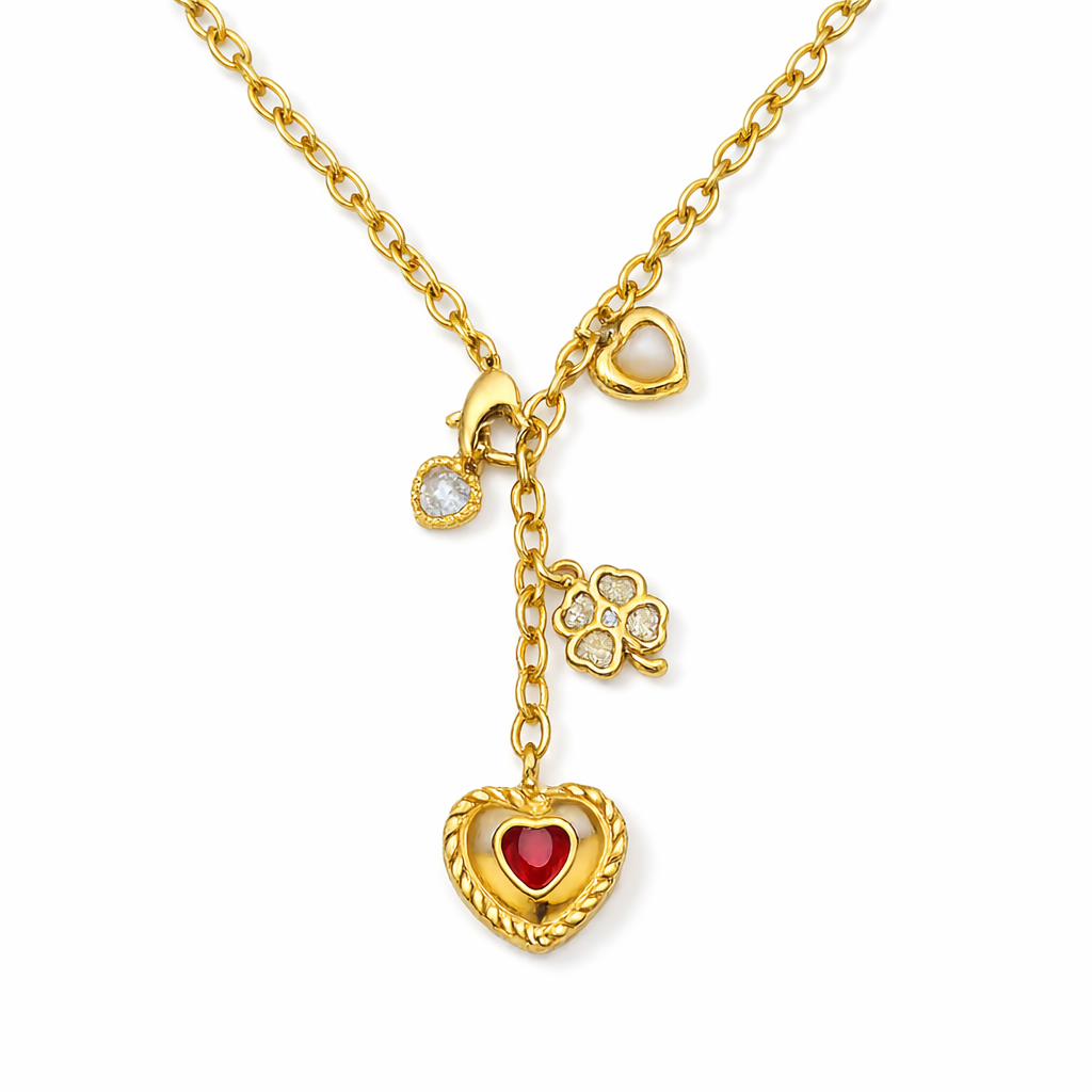 18k Water Resistant Charm Necklace with Red Heart Pendant