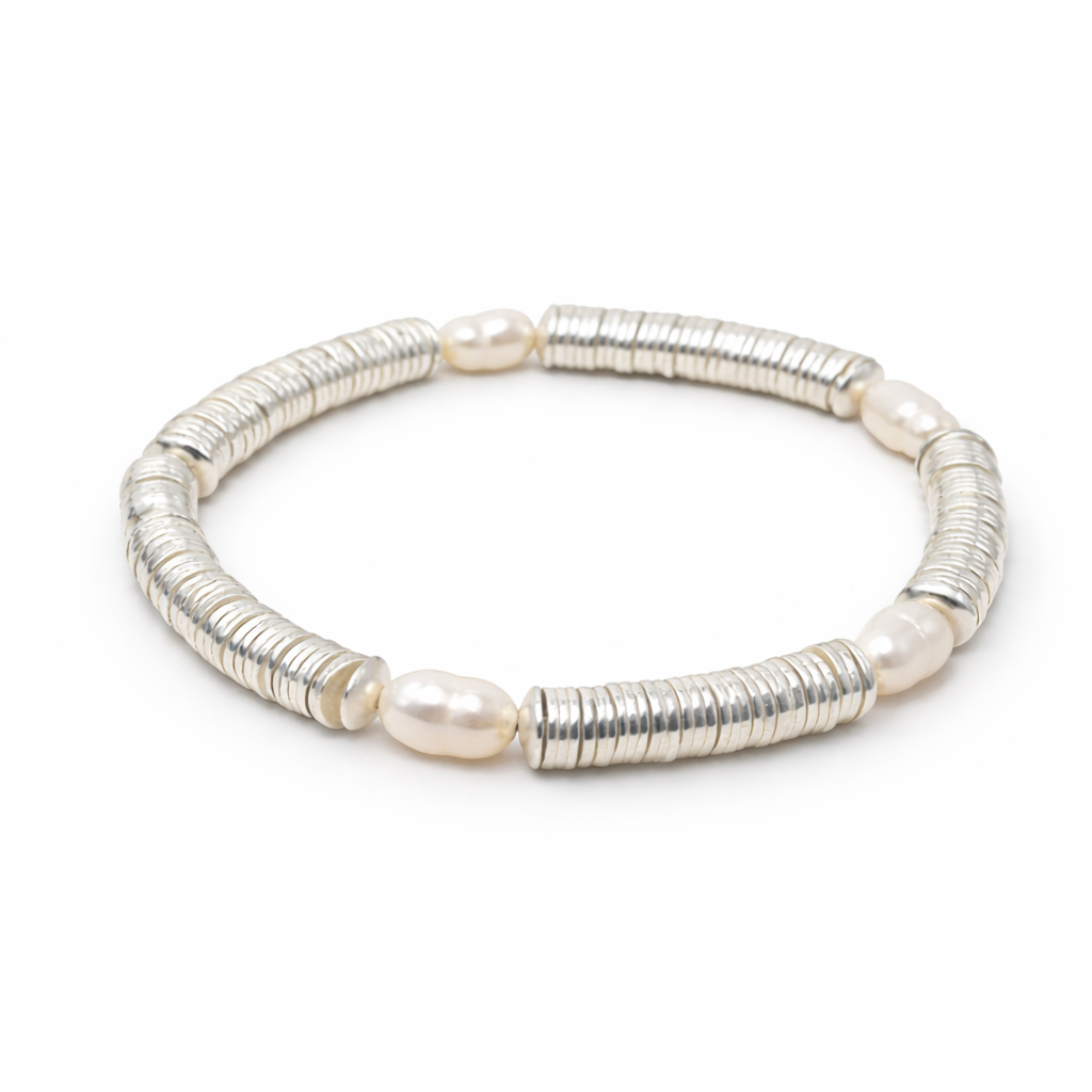 Silver Heishi Beaded Stretch Bracelet with Pearl Accents