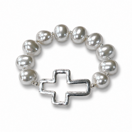 Pearl Cross Stretch Bracelet – Silver