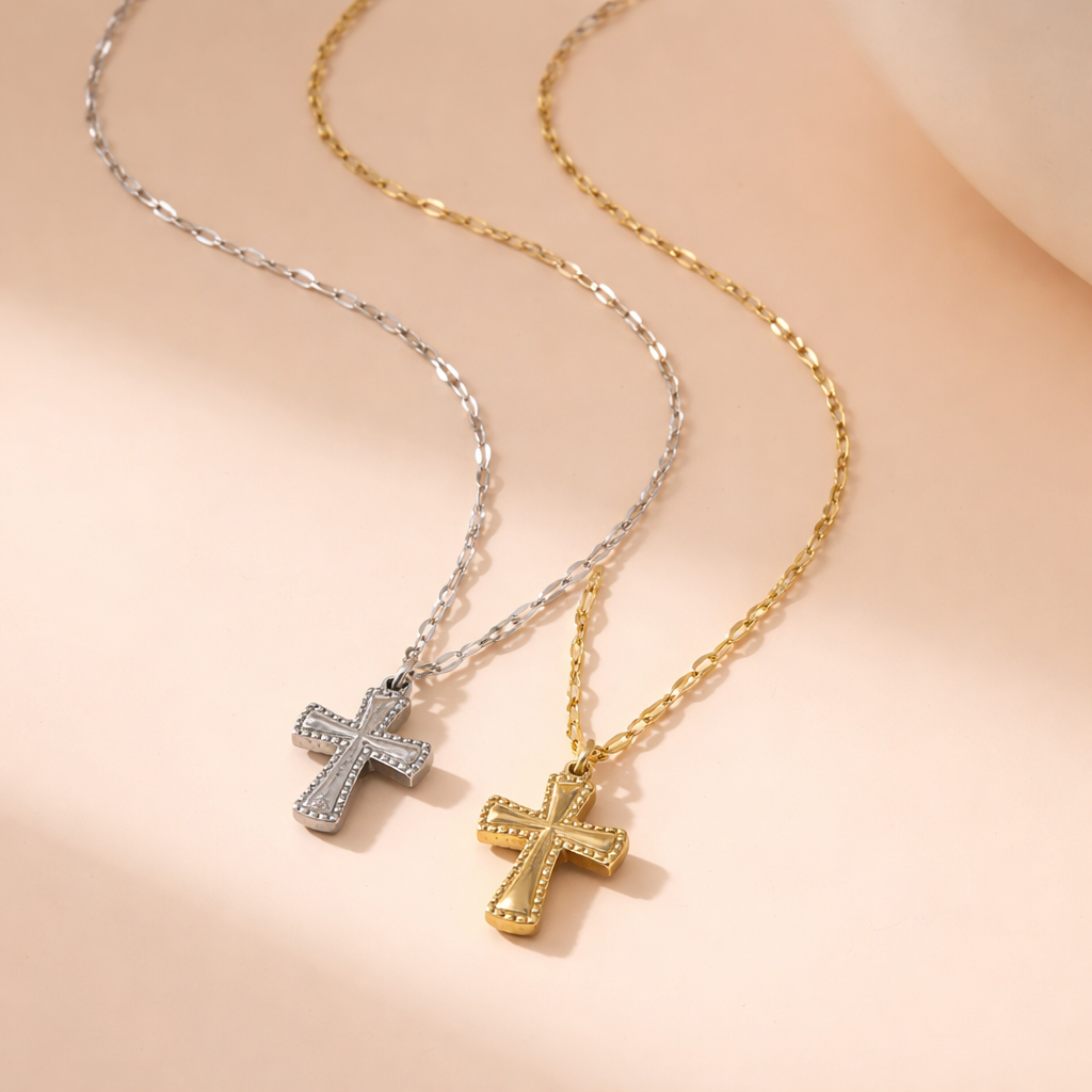 Decorative Cross Chain Necklace in Gold or Silver