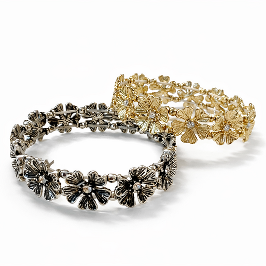 Flower Link Stretch Bracelet with Crystal Center Beads