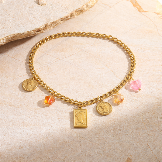 Gold Charm Necklace with Crystal Accents