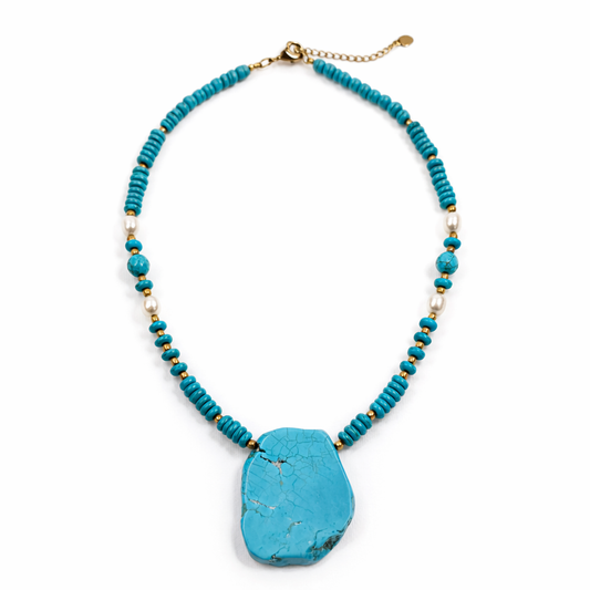 Turquoise Stone Pendant Necklace with Pearl Accents
