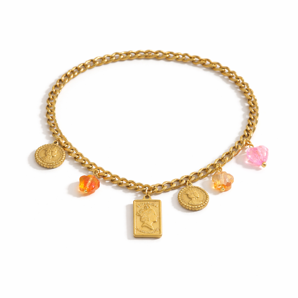 Gold Charm Necklace with Crystal Accents