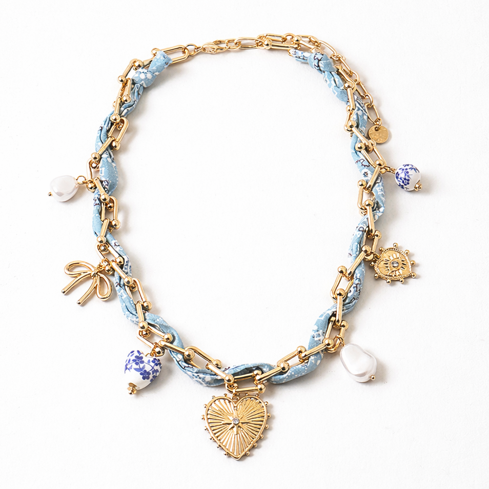 Blue Bandana Chain & Charm Necklace
