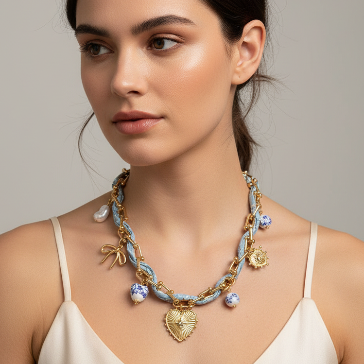 Blue Bandana Chain & Charm Necklace
