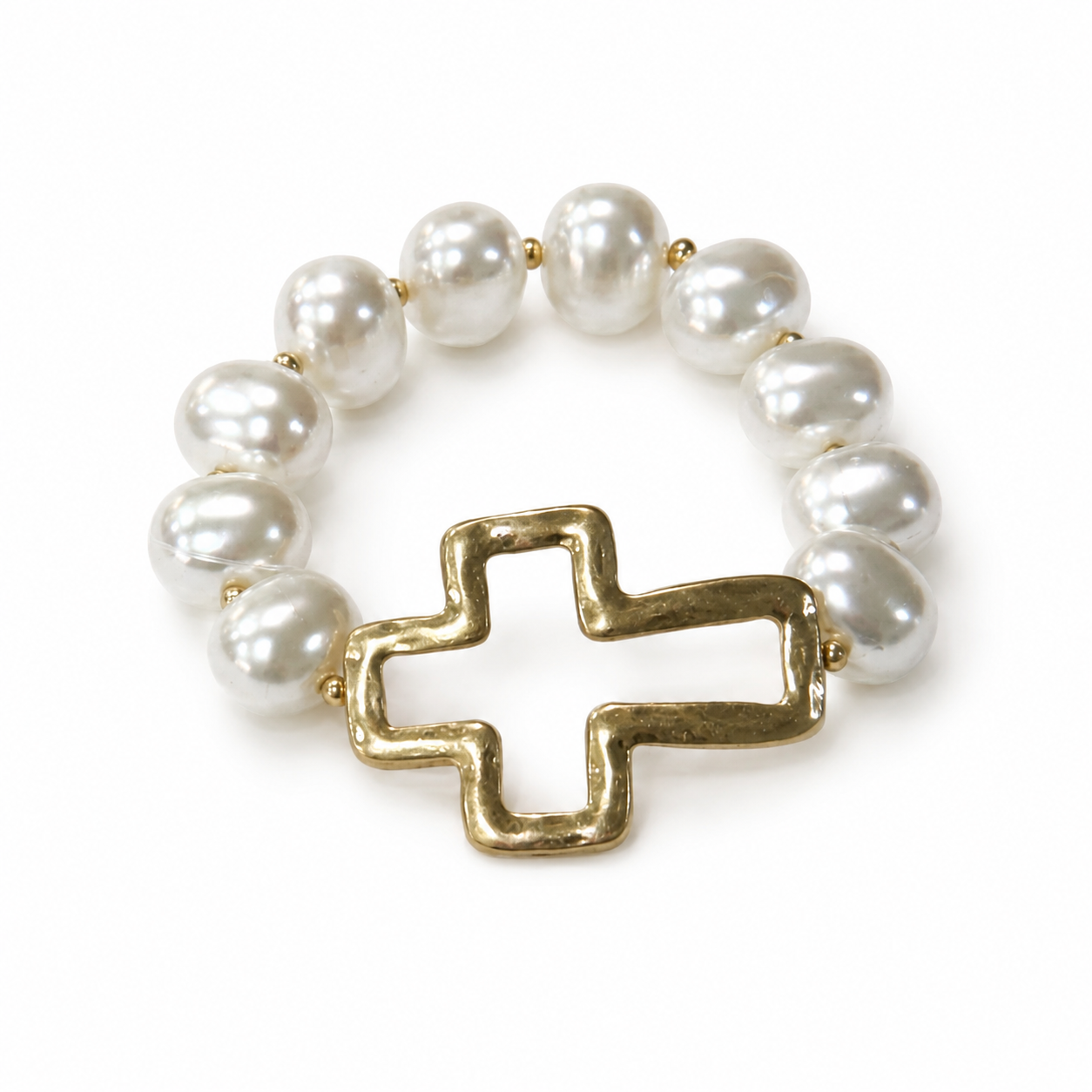 Pearl Cross Stretch Bracelet - Gold Cross