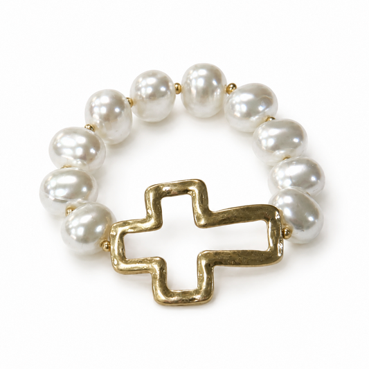 Pearl Cross Stretch Bracelet – Gold