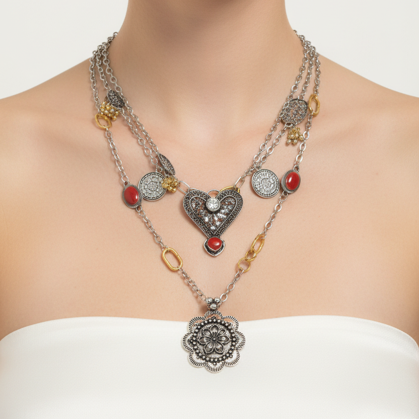 Geometric Flower Heart Multi-Layered Twist Chain Necklace