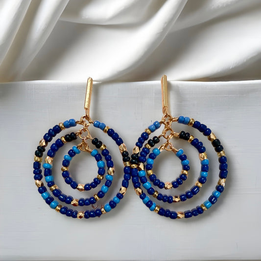Multi Blue Beaded Circle Drop Earrings