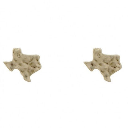 A pair of gold tone, hammered matte finish state of Texas stud earrings.