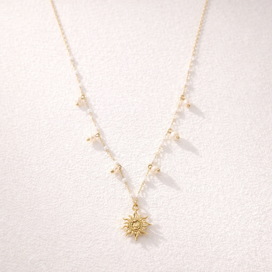 Sunburst Pendant on Gold and Pearl Chain