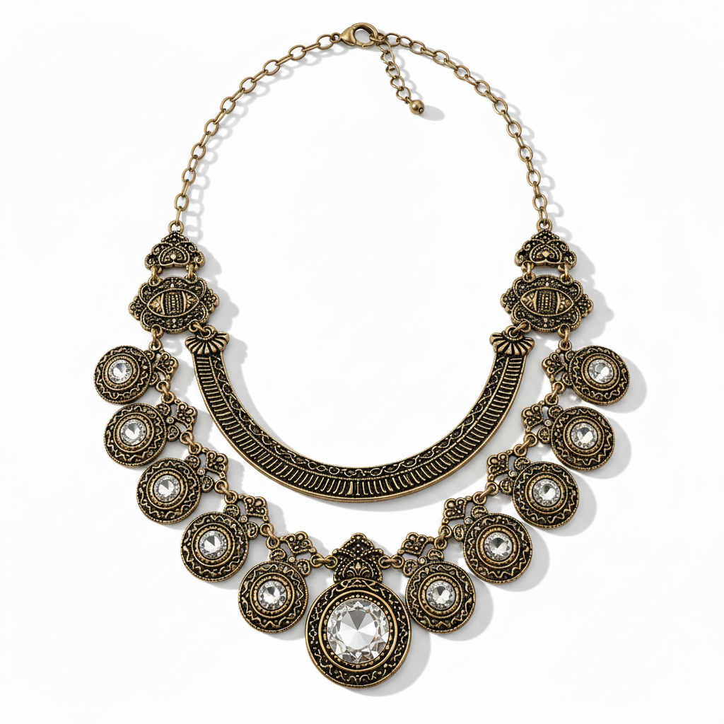 Antique Gold Crystal Medallion Bib Necklace