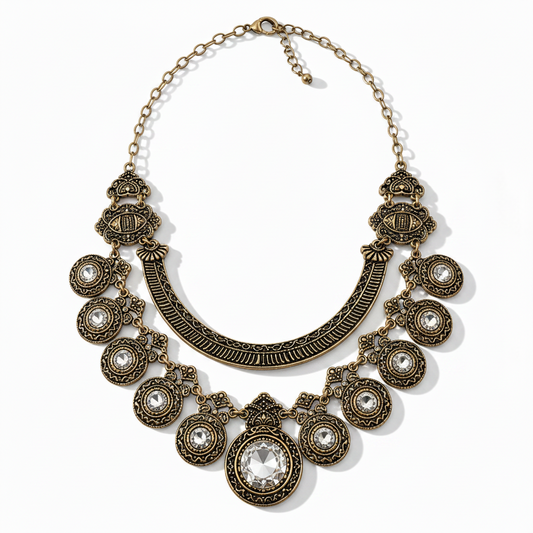 Antique Gold Crystal Medallion Bib Necklace