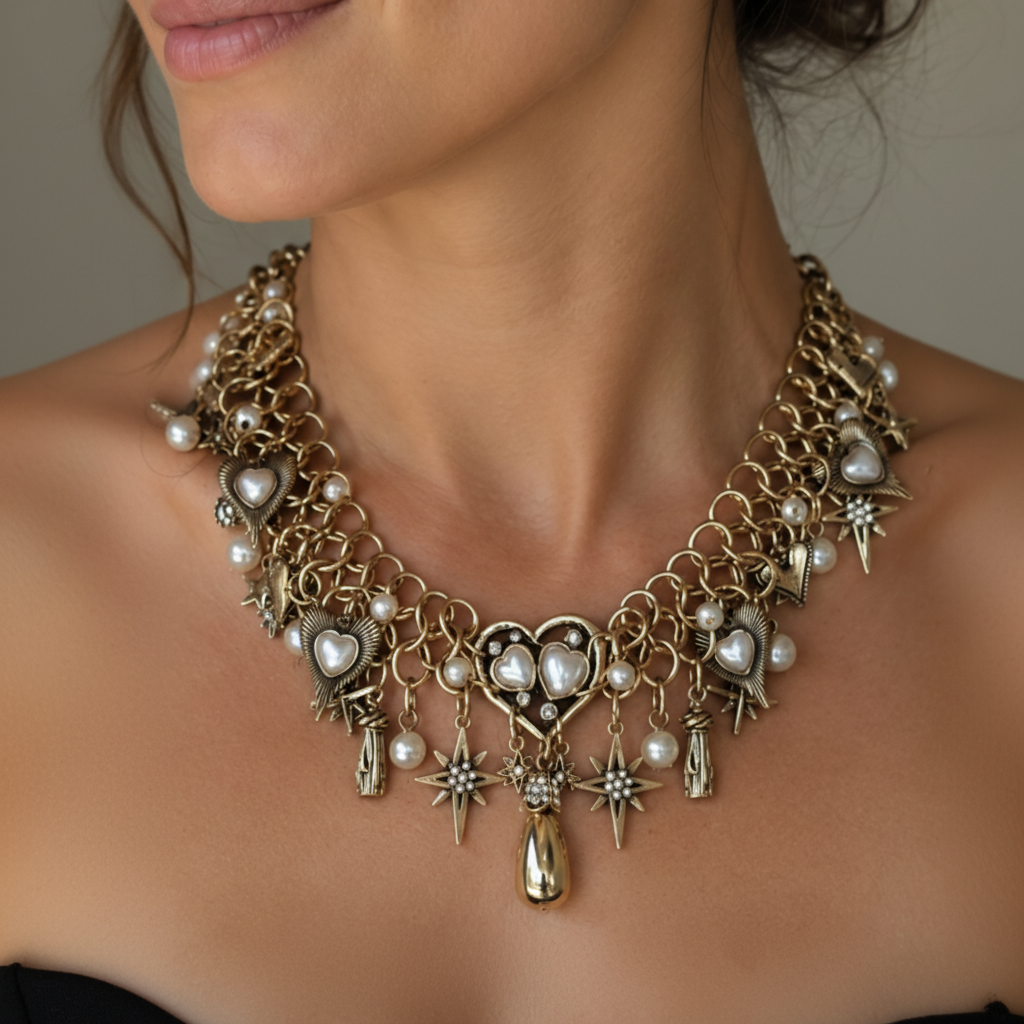 Vintage Gold Heart & Star Charm Necklace