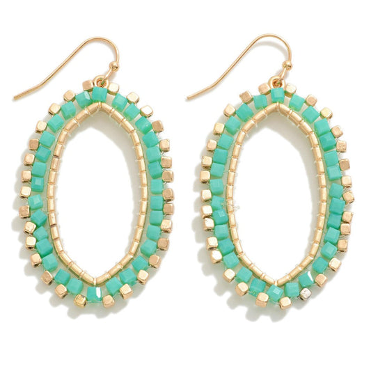 Oval Beaded Drop Earrings - Aqua