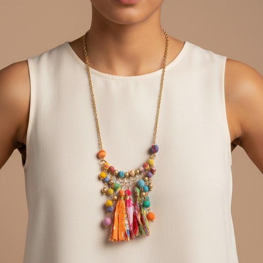 Colorful Fabric Beaded Pendant Necklace
