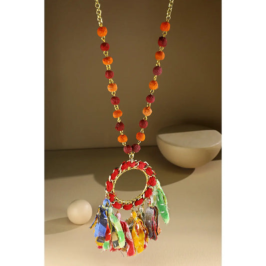 Colorful Fabric Beaded Circle Pendant on Gold Chain