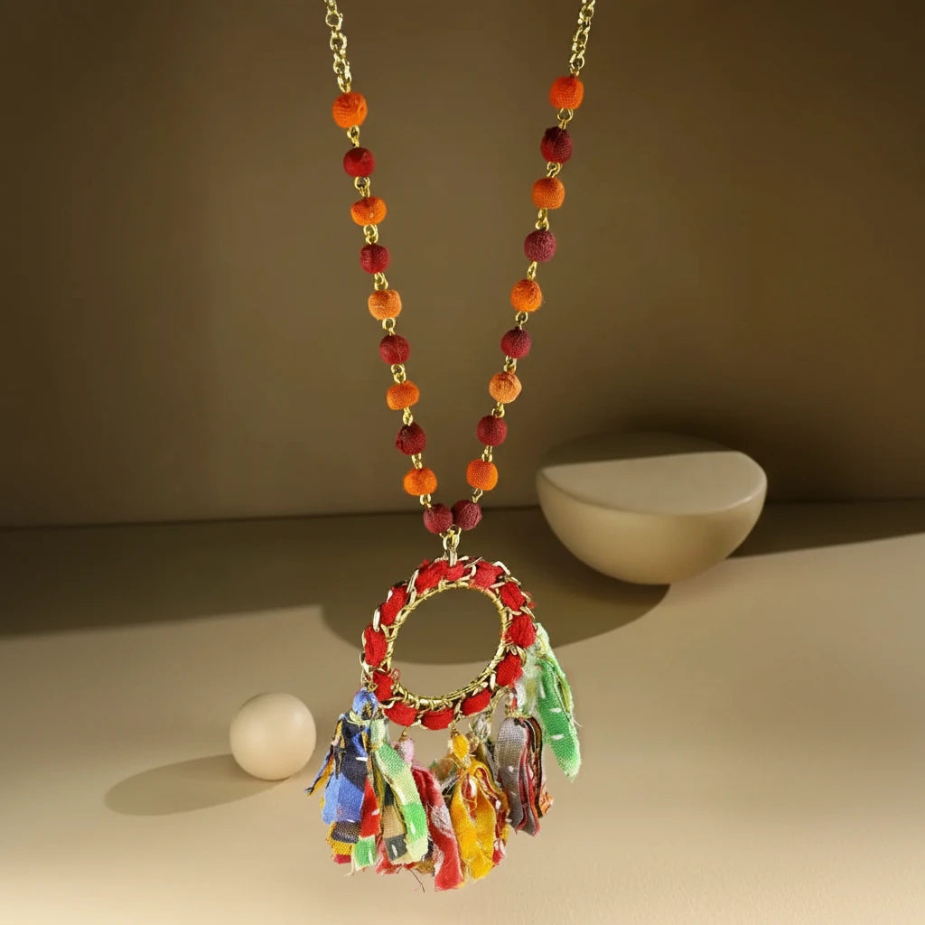 Colorful Fabric Beaded Circle Pendant on Gold Chain