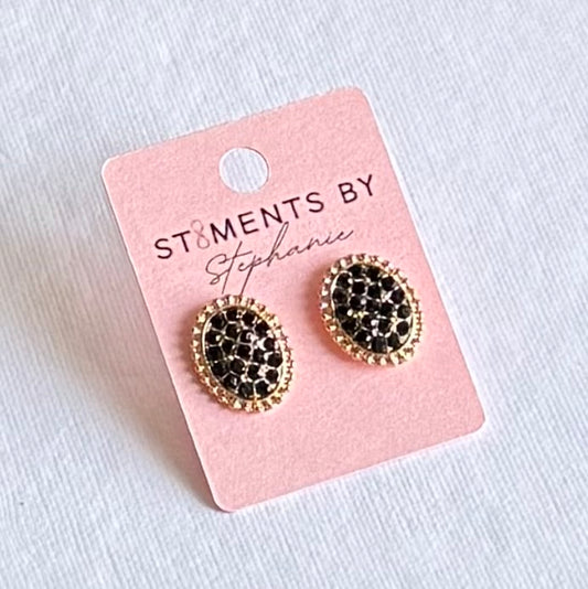Oval Gold & Black Rhinestone Stud Earrings