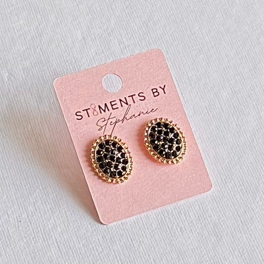 Oval Gold & Black Rhinestone Stud Earrings