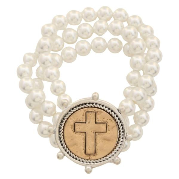 Pearl and Cross Stretch Bracelet