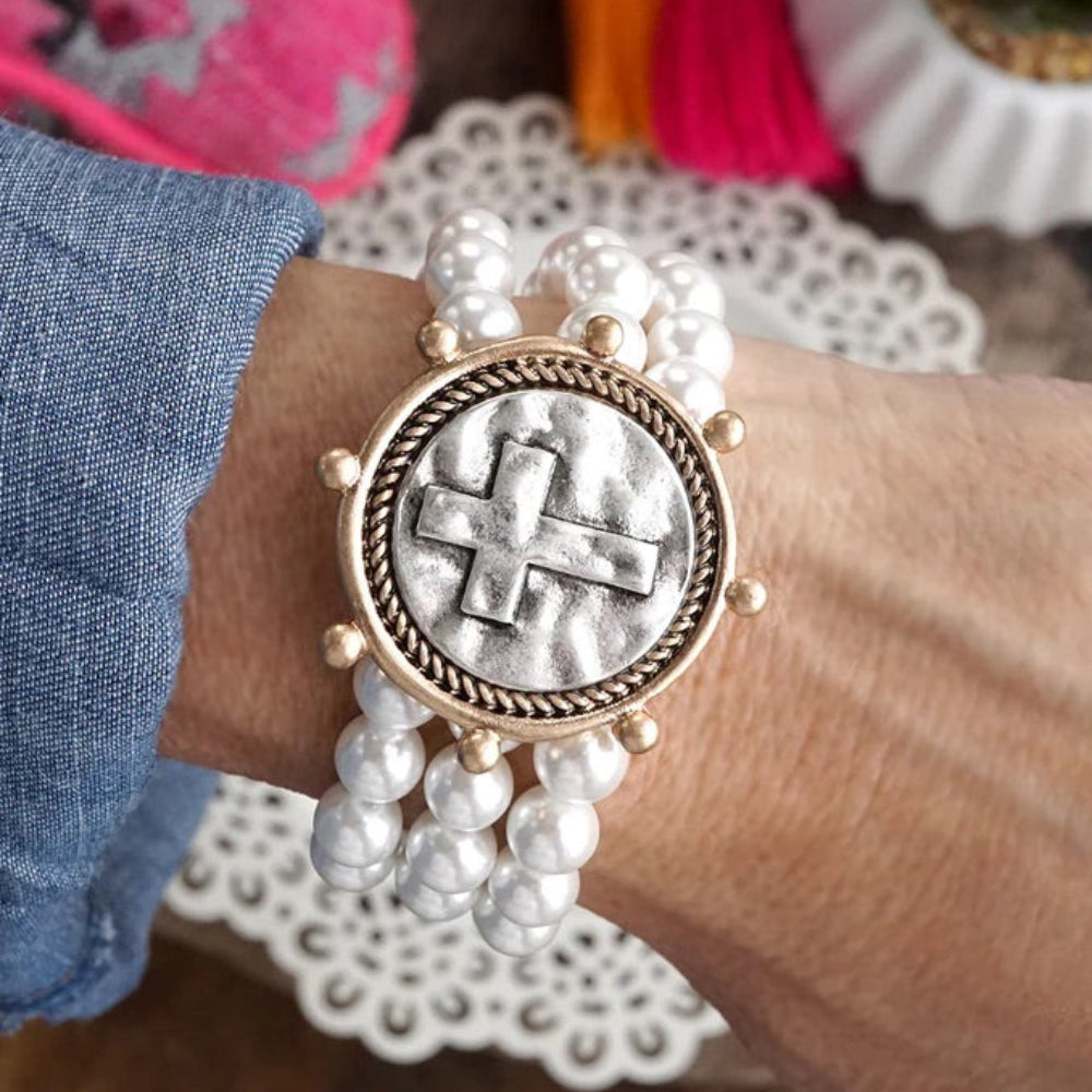 Pearl and Cross Stretch Bracelet