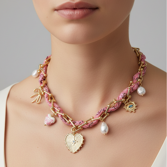 Pink Bandana Chain & Charm Necklace