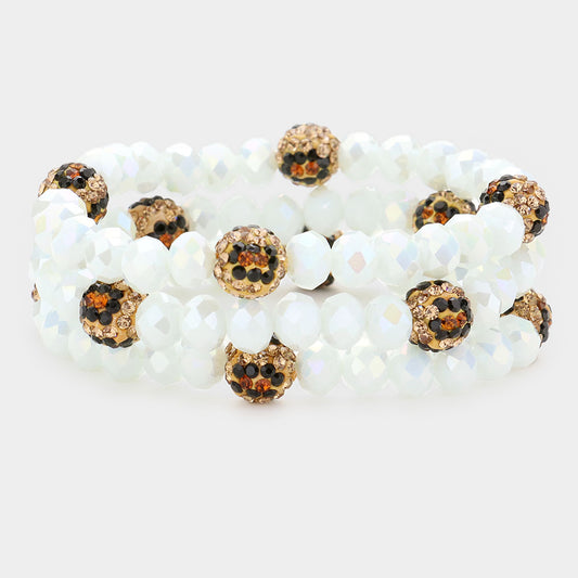 White Faceted & Leopard Bead Bracelet Trio