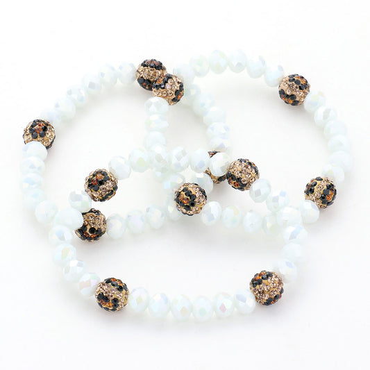 White Faceted & Leopard Bead Bracelet Trio