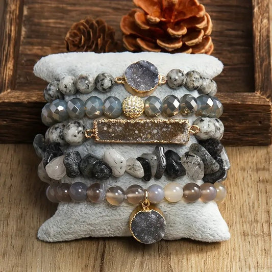 5pc Bracelet Stack with Natural Stones & Crystals