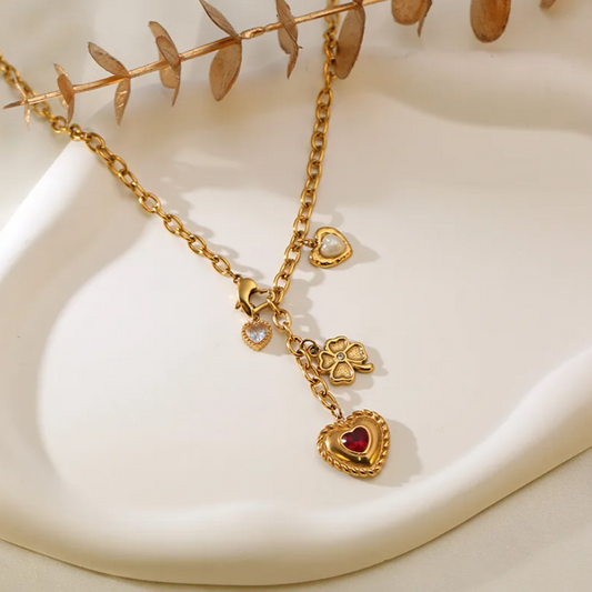 18k Water Resistant Charm Necklace with Red Heart Pendant